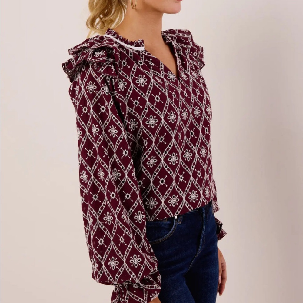 Women's Burgundy Patterned Ruffle Top - Picture 6 of 7
